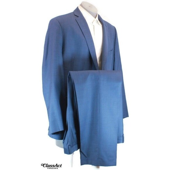 Calvin Klein Slim Fit 2 Piece suit Wool Natural Stretch Blue 48R Flat Fronts 40" - Picture 1 of 12